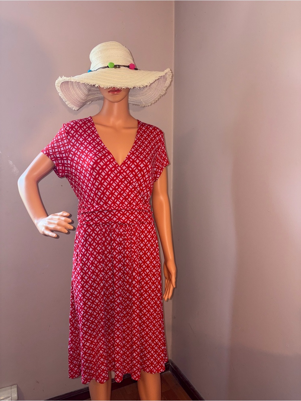 Boden Red Geometric Wrap-Style Midi Dress